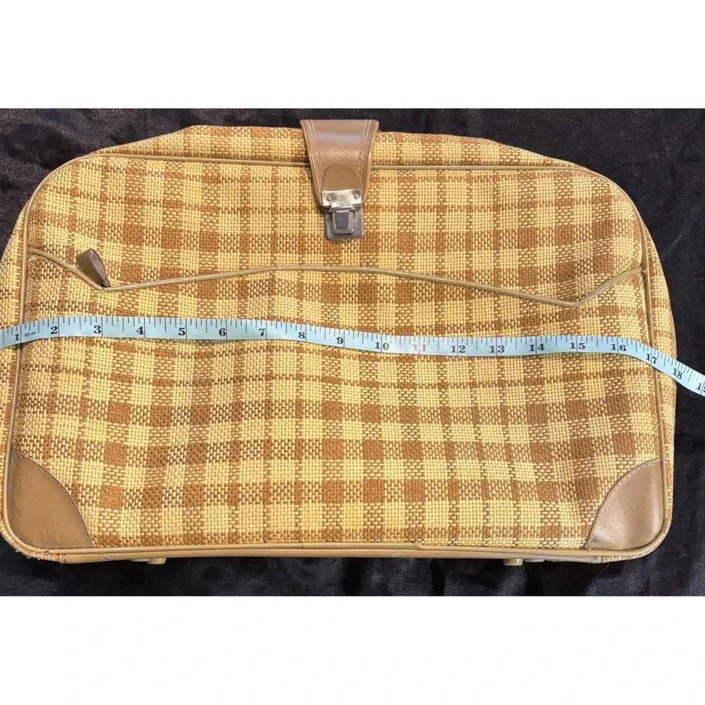 Vintage Plaid Suitcase Tan Yellow Woven Carry On Luggage Made Japan‎ Mid Century